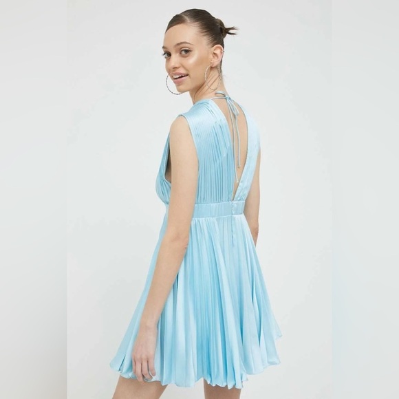 Abercrombie & Fitch Plunge Pleated Satin Mini Dress Sky Blue XLT Tall Long NWT - Picture 2 of 16